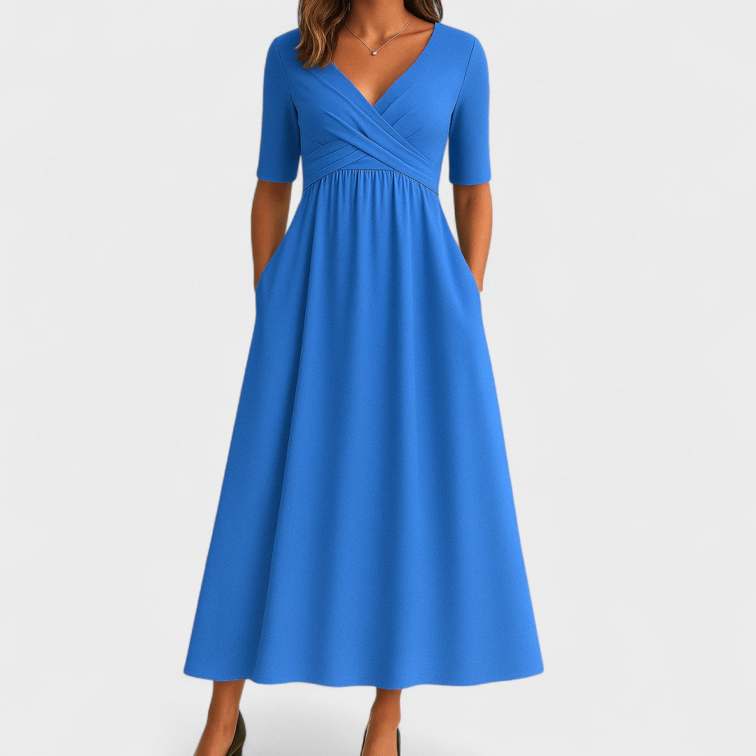 Women's Midi Dress - Surplice Neckline and Side Pockets Detail
