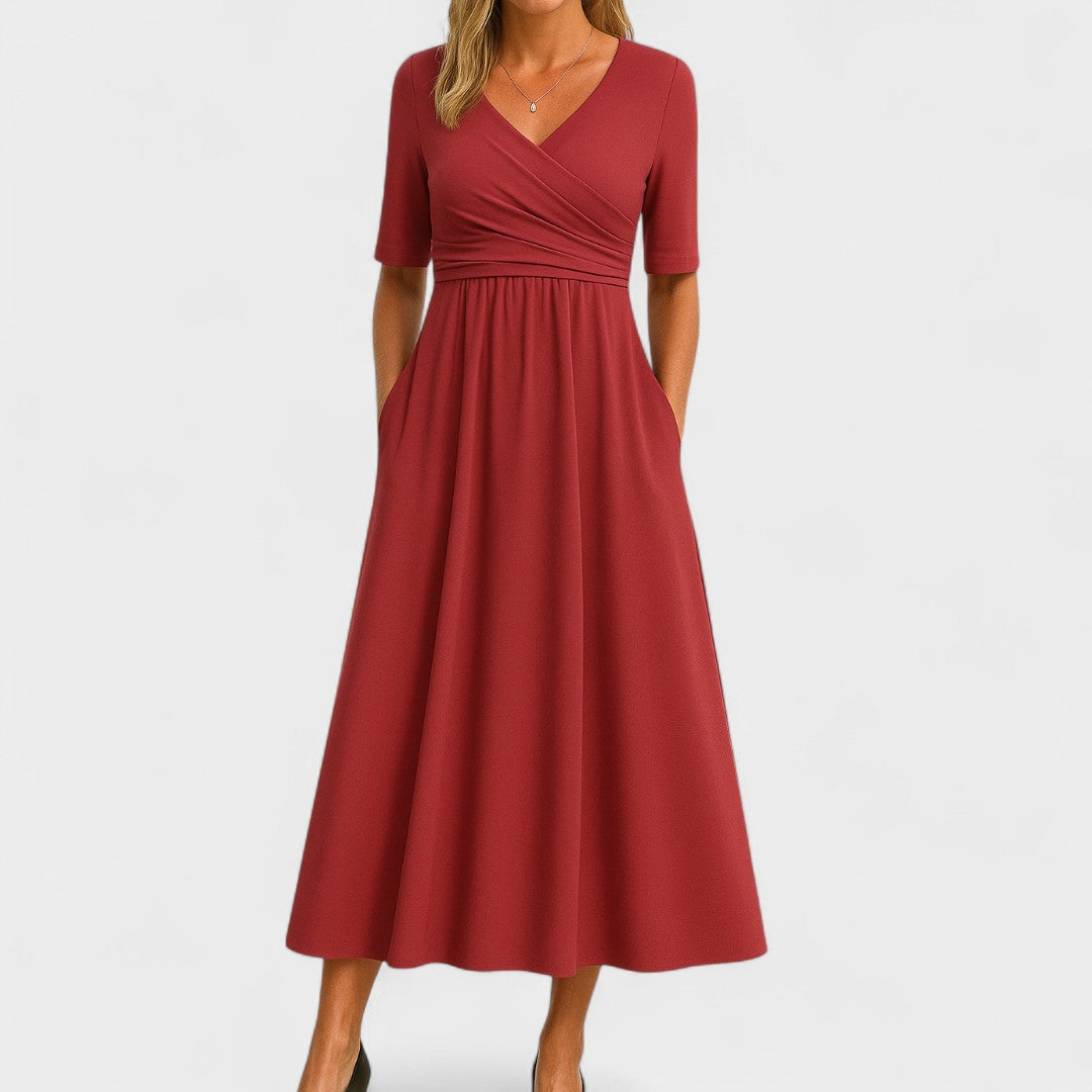 Women's Midi Dress - Surplice Neckline and Side Pockets Detail