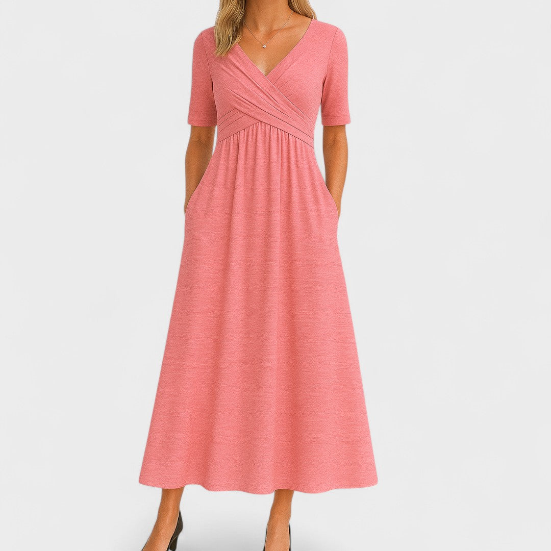 Women's Midi Dress - Surplice Neckline and Side Pockets Detail