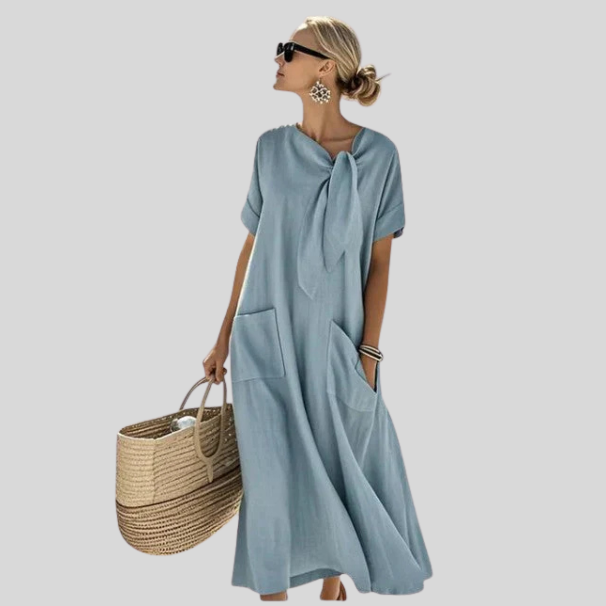 Women's Linen Dress Tie Neck Maxi Pockets