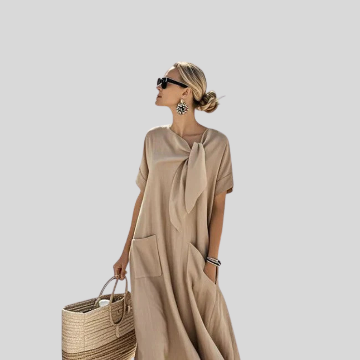Women's Linen Dress Tie Neck Maxi Pockets