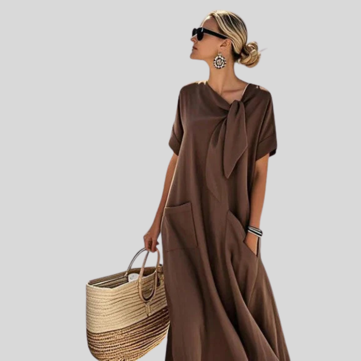 Women's Linen Dress Tie Neck Maxi Pockets