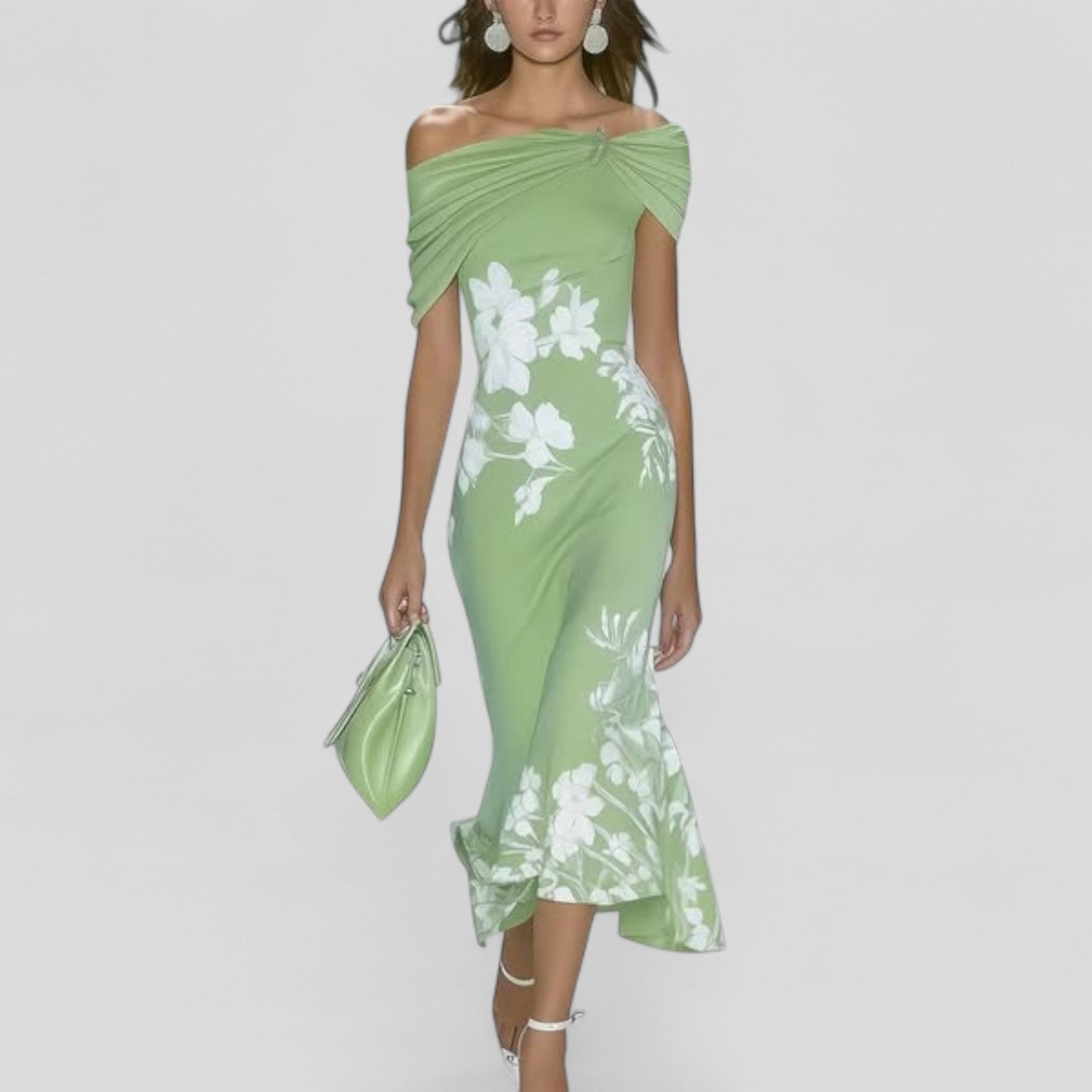Women's Floral Midi Dress Wedding Guest Off-the-Shoulder