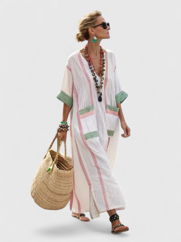 Women's Striped Maxi Dress Kaftan Summer V-Neck Boho