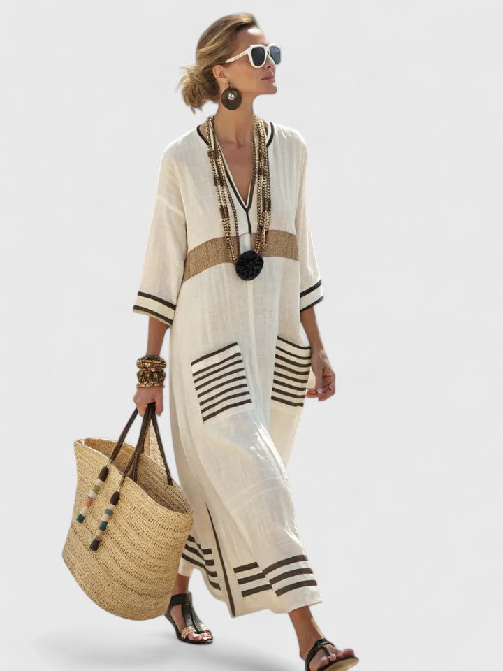 Women's Striped Maxi Dress Kaftan Summer V-Neck Boho