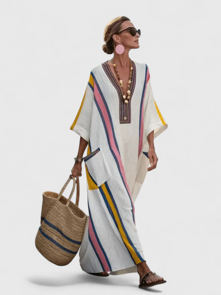 Women's Striped Maxi Dress Kaftan Summer V-Neck Boho