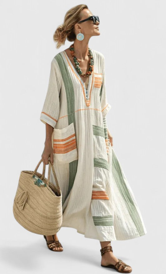Women's Striped Maxi Dress Kaftan Summer V-Neck Boho