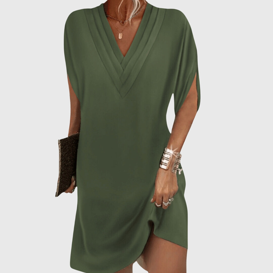 Women's V-Neck Shift Midi Dress Tummy Control Elegant