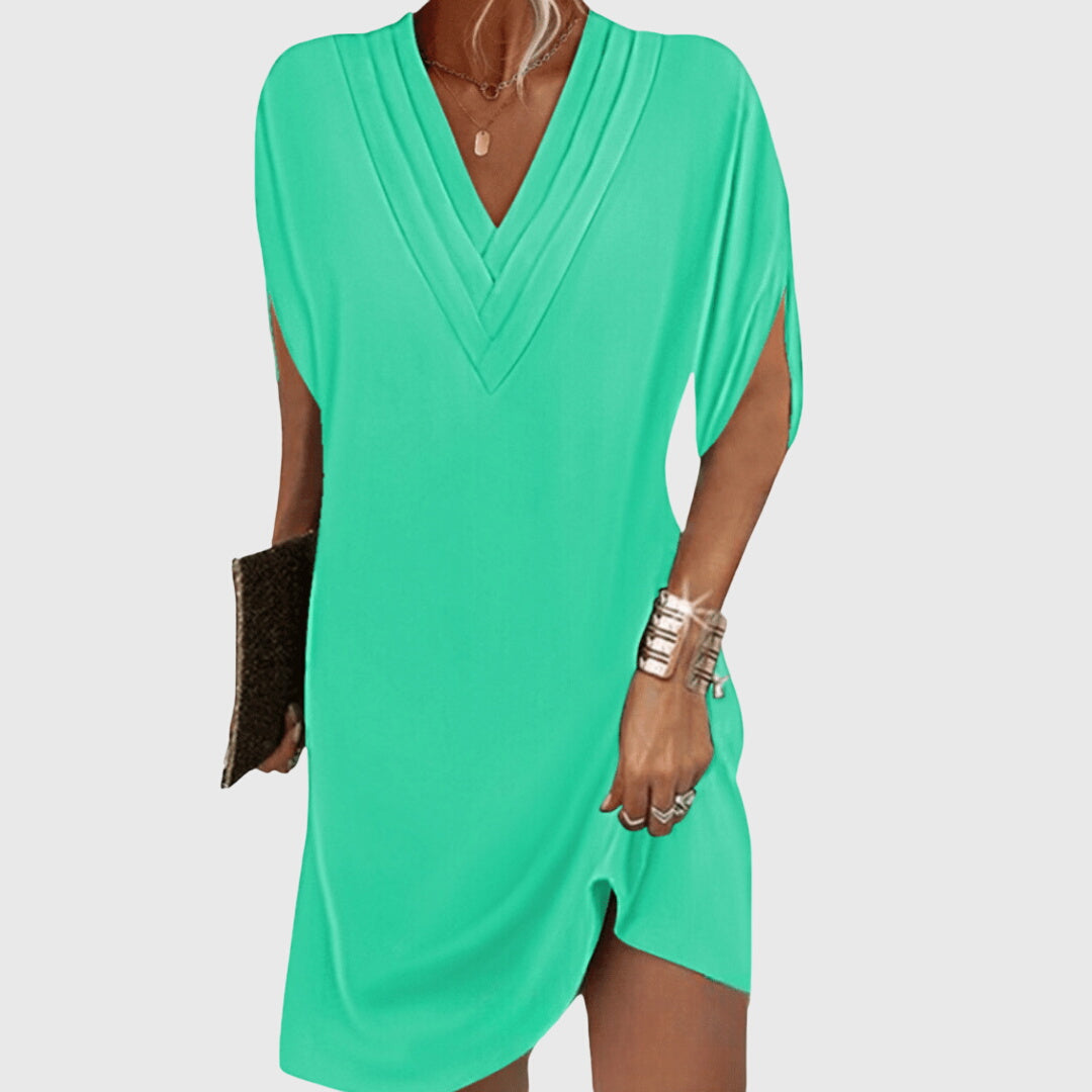 Women's V-Neck Shift Midi Dress Tummy Control Elegant