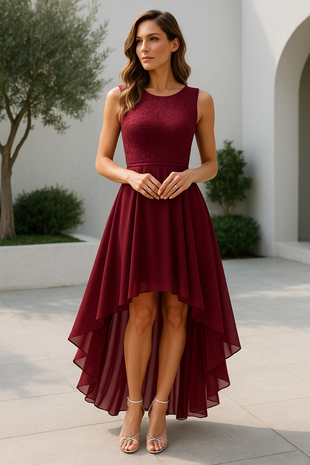 Women's High-Low Dress Wedding Guest Lace Sleeveless Elegant