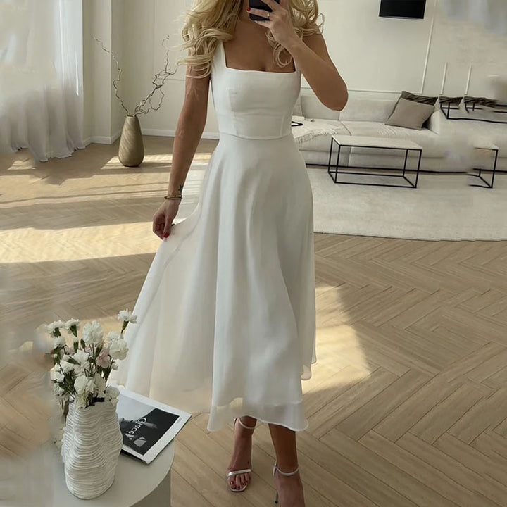 Women's Square Neck Midi Dress Wedding Guest A-Line