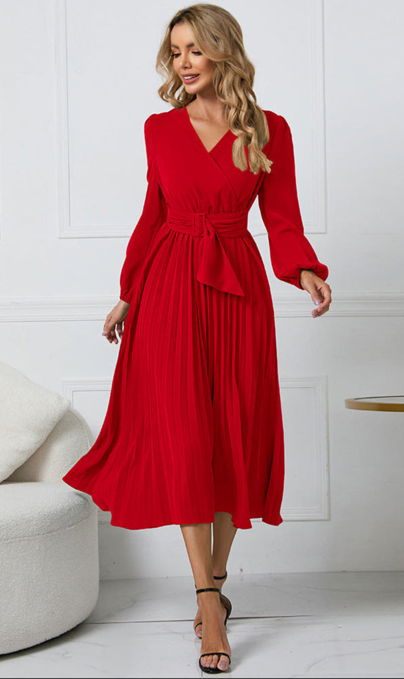 Women's Long Sleeve Midi Dress Wedding Guest Pleated V-Neck