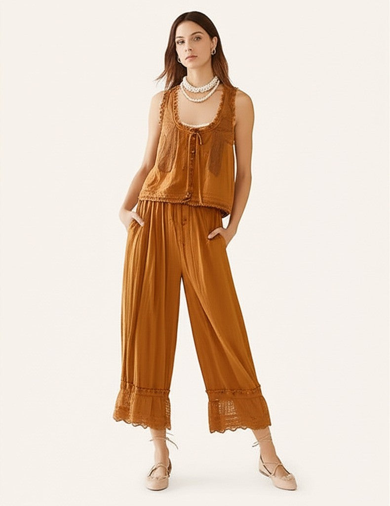 Women's 2 Piece Set Lace Sleeveless Top and Wide Leg Pants