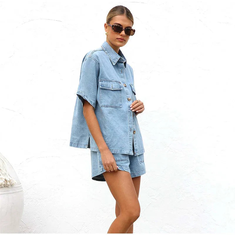 Women's Denim 2 Piece Set Button Down Shirt and Drawstring Shorts
