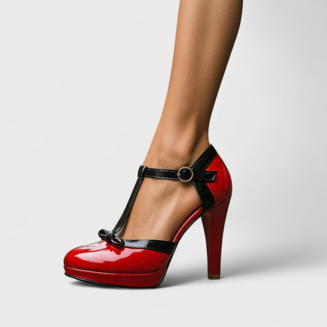 Women's T-Strap Heels Platform Round Toe Pumps with Bow Accent