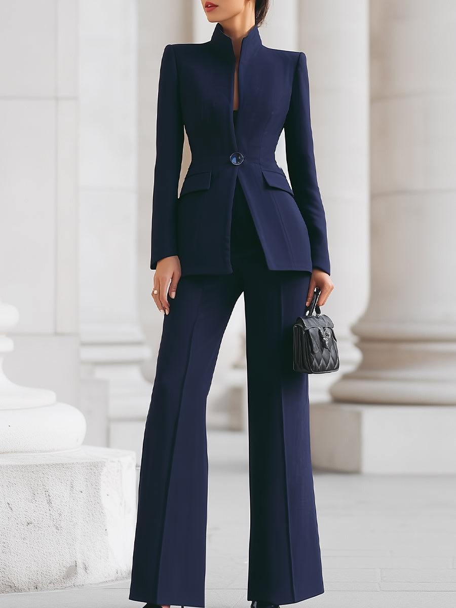 Women's Wedding Guest Pantsuit Mandarin Collar Blazer and Wide Leg Trousers