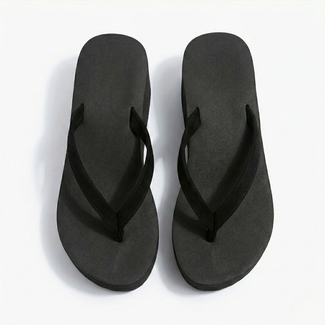 Women's Black Wedge Sandals Platform and Thong Straps