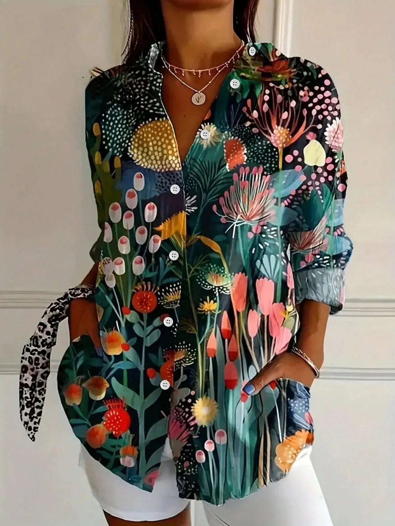 Women's Floral Button-Down Blouse Long Sleeve Shirt