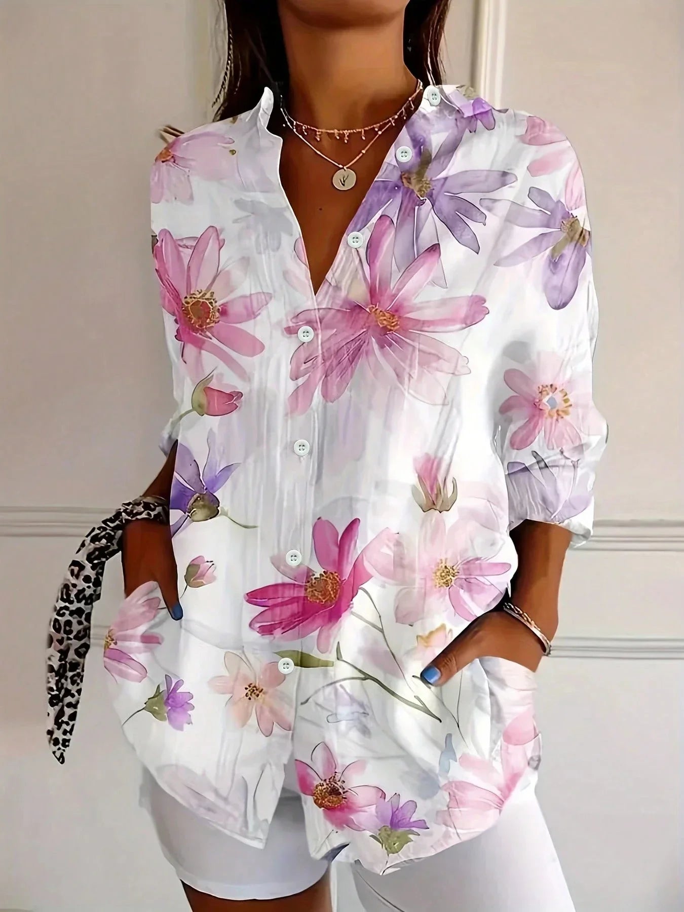 Women's Floral Button-Down Blouse Long Sleeve Shirt