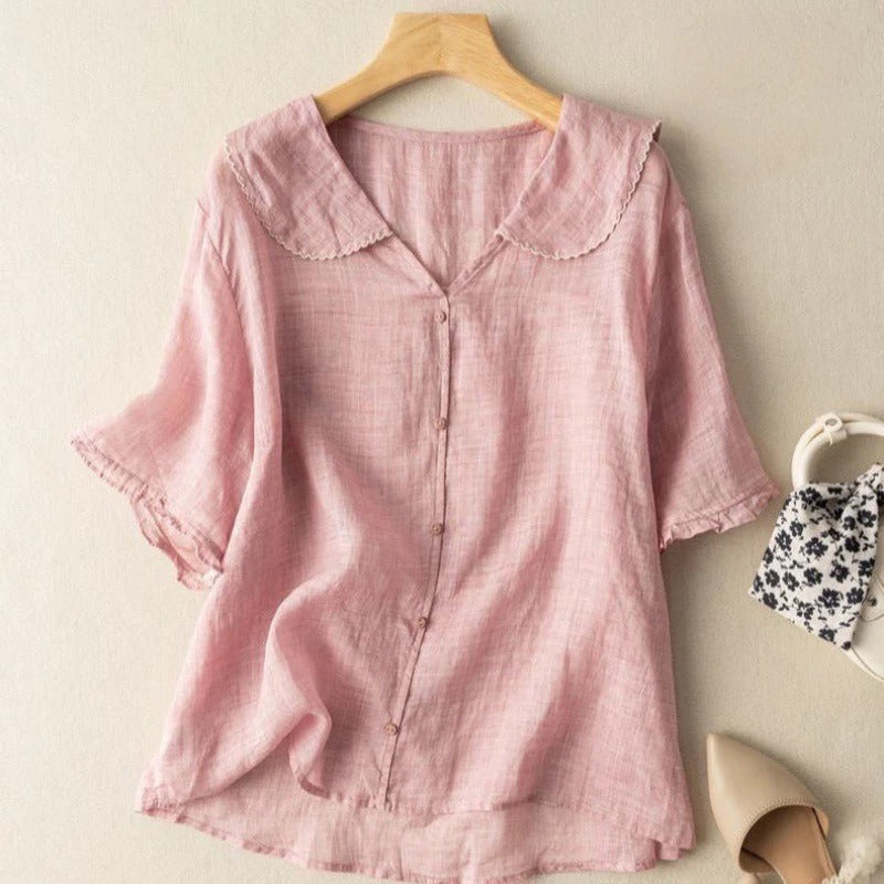 Women's Peter Pan Collar Blouse Short Sleeve Summer Top