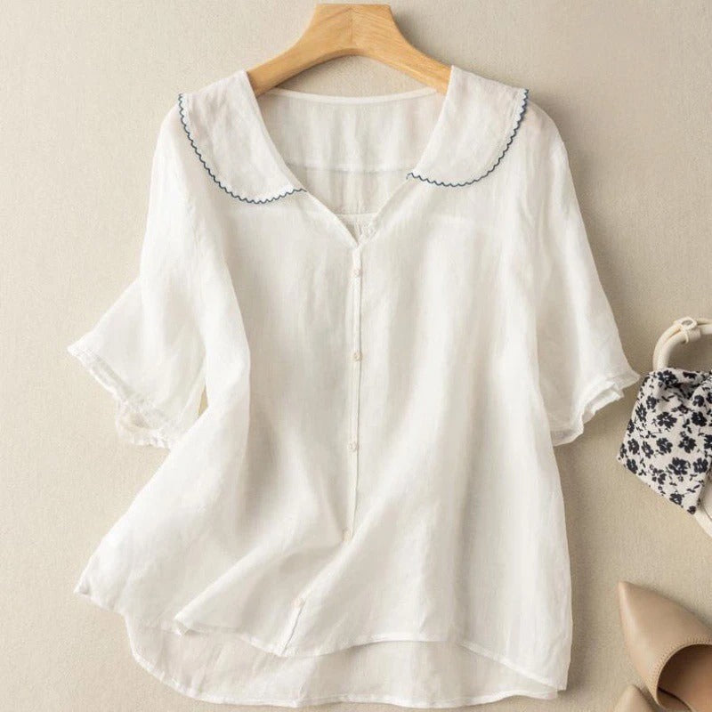 Women's Peter Pan Collar Blouse Short Sleeve Summer Top
