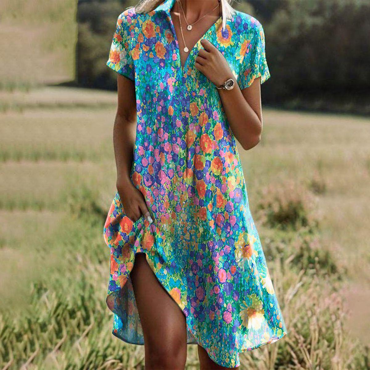 Women's Bohemian Midi Dress Summer Chic Short Sleeve