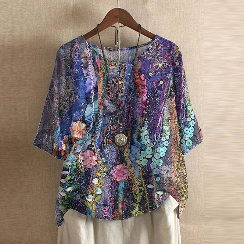 Women's Boho Blouse Floral Print Short Sleeve Casual Top