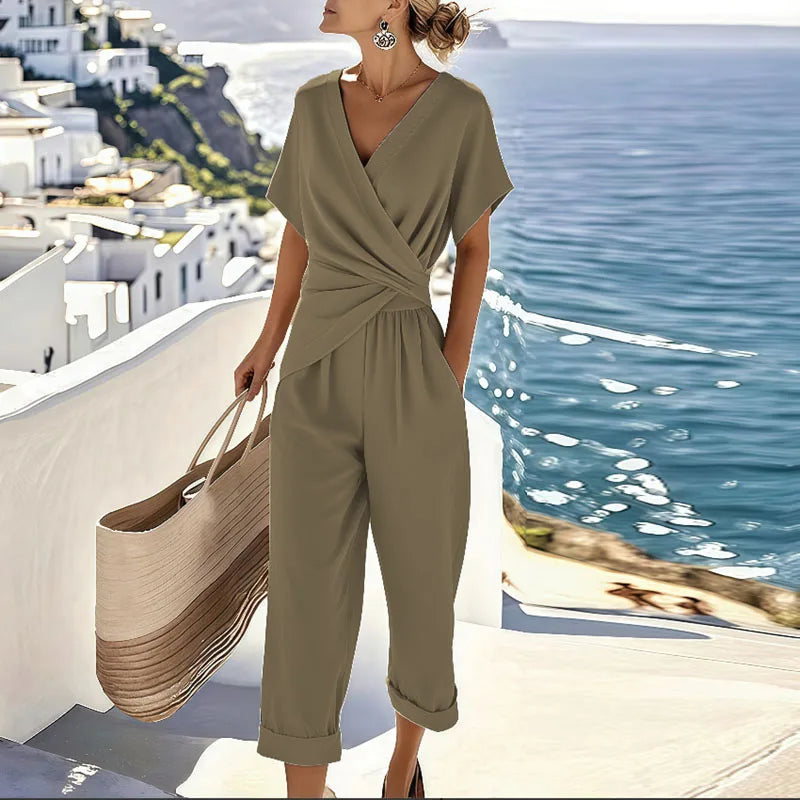 Women's Two-Piece Set Elegant Wrap Blouse and Trousers Co-ord