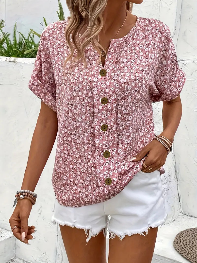 Women's Floral Blouse Button Up Short Sleeve Casual Summer Top
