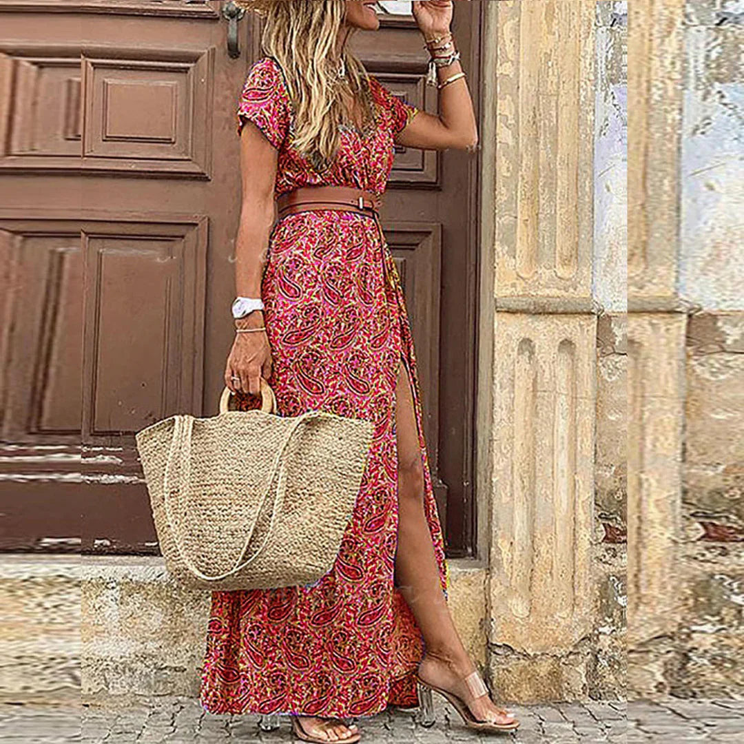Women's Boho Maxi Dress Geometric Print Belted Short Sleeve