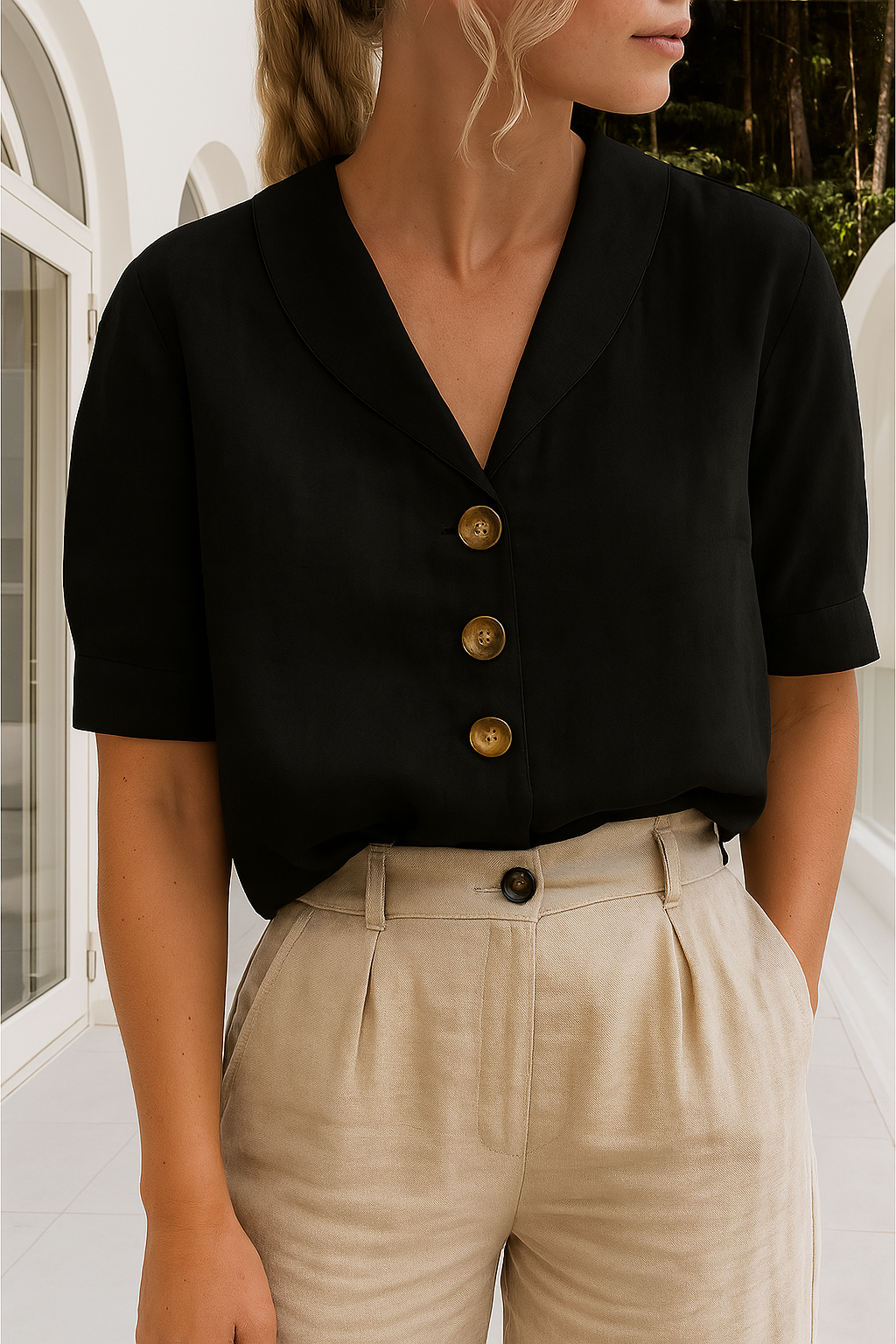 Women's Button Up Blouse Casual Short Sleeve V-neck Summer Top