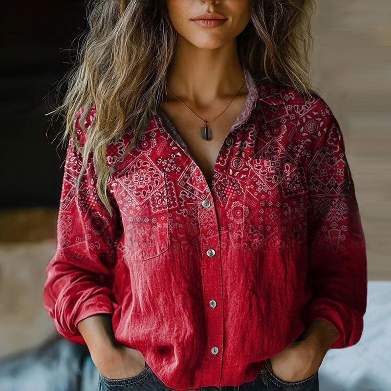 Women's Vintage Blouse Boho Bandana Print Button Up Shirt