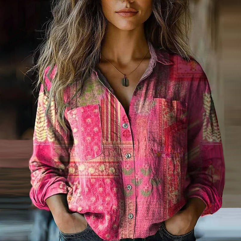 Women's Vintage Blouse Boho Bandana Print Button Up Shirt