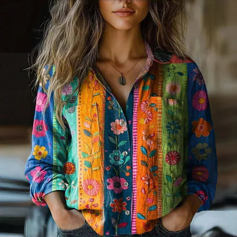 Women's Vintage Blouse Boho Bandana Print Button Up Shirt
