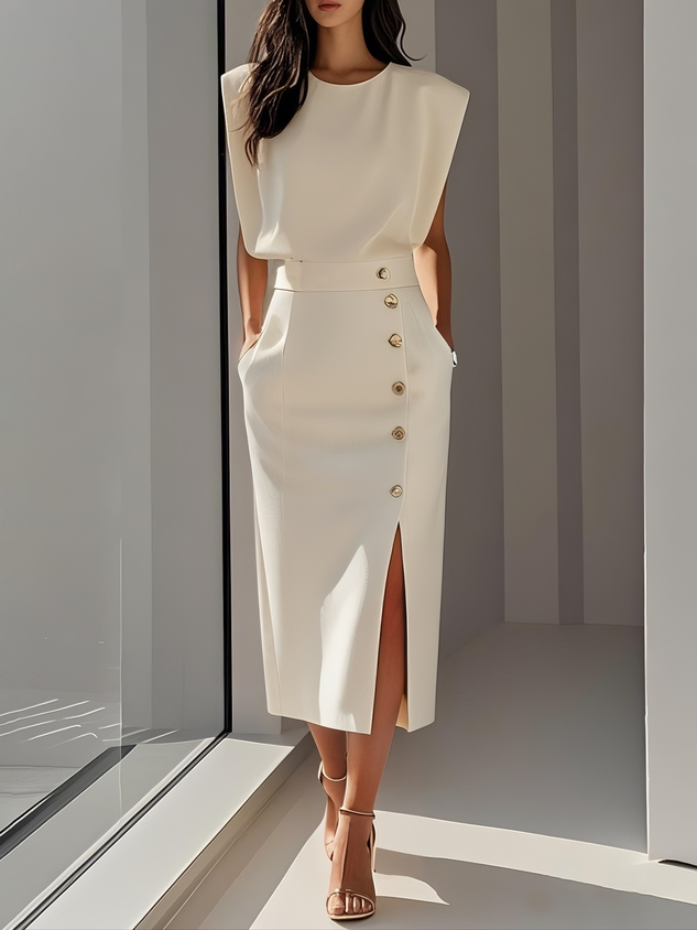 Women's Tailored Midi Wedding Guest Dress High Waist