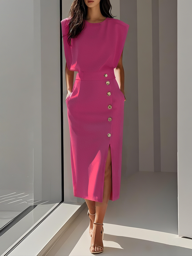 Women's Tailored Midi Wedding Guest Dress High Waist
