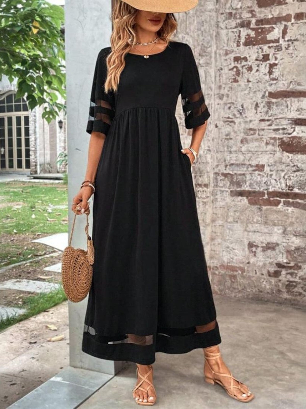 Women's Midi Wedding Guest Dress Flattering Mesh Accent