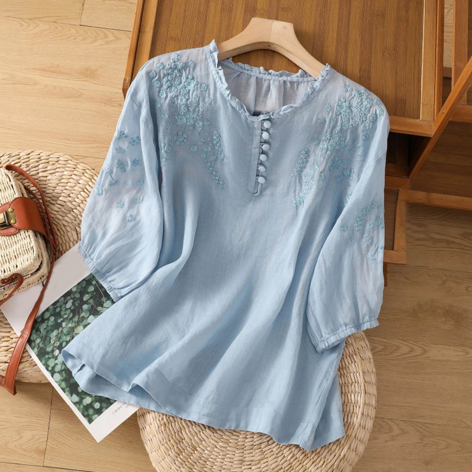 Women's Embroidered Blouse Button Front 3/4 Sleeve Peasant Top