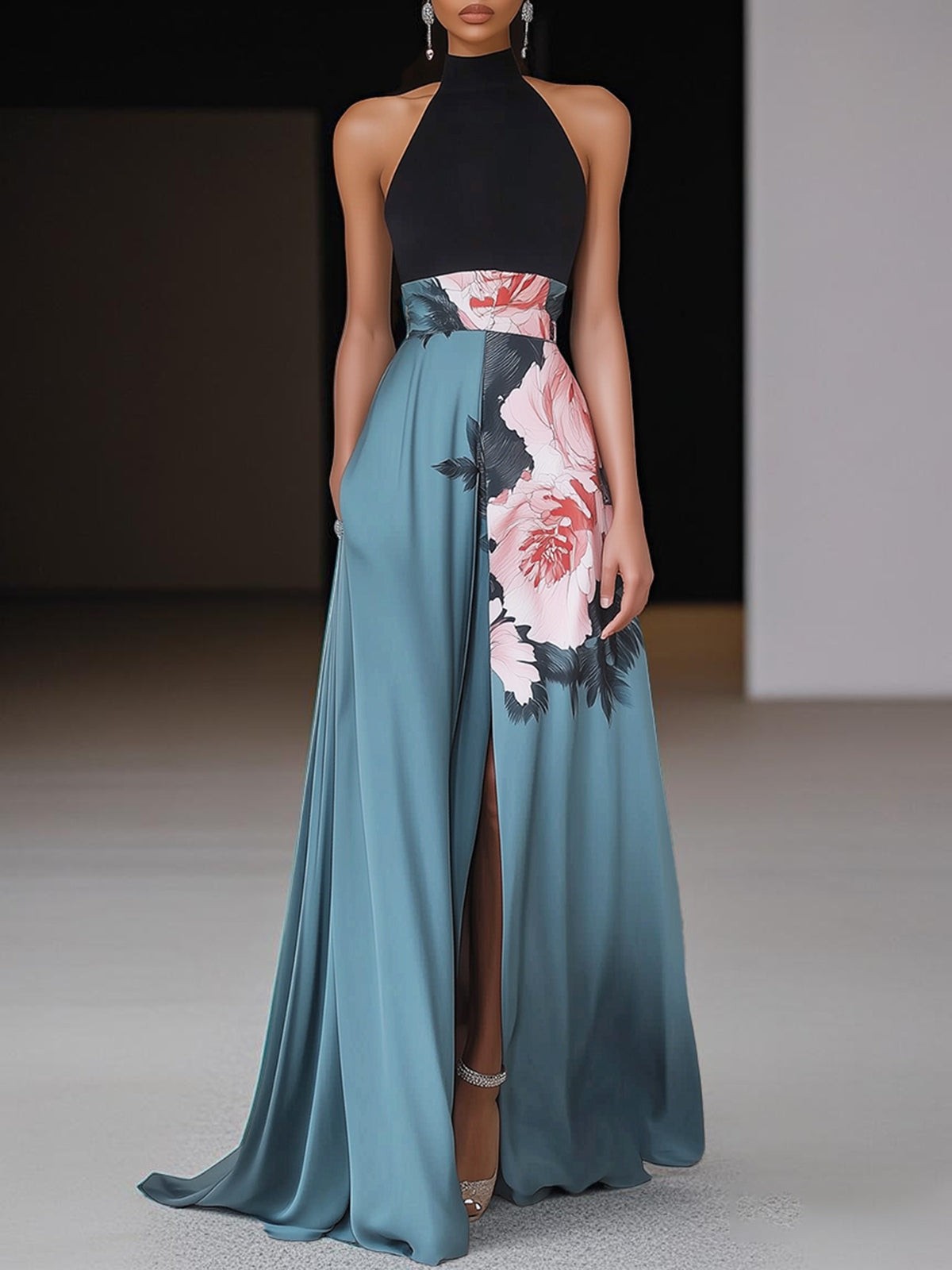 Women's Halter Neck A-Line Maxi Dress High Slit Color Block Evening Gown