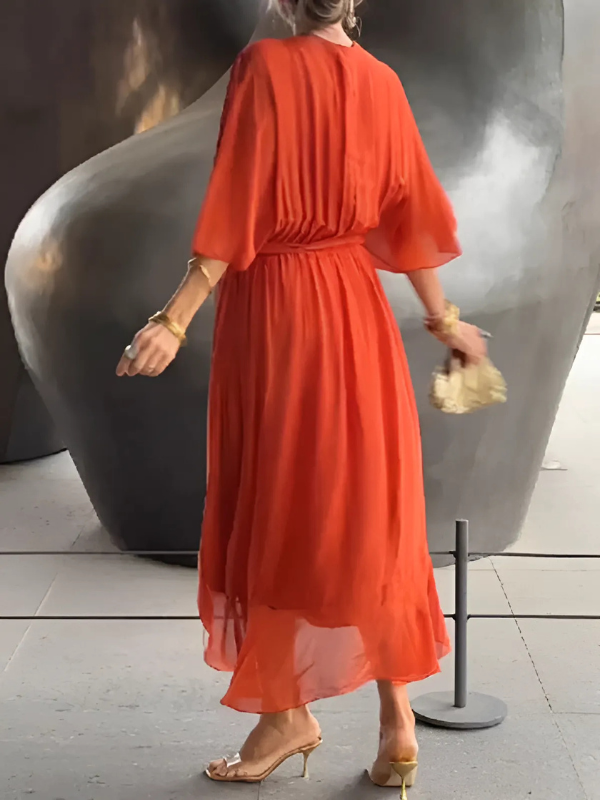 Women's Wrap Midi Dress Elegant Front Tie Waist Flowing Summer Cocktail