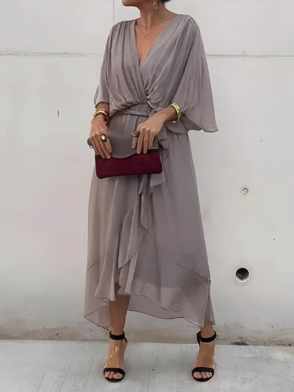 Women's Wrap Midi Dress Elegant Front Tie Waist Flowing Summer Cocktail
