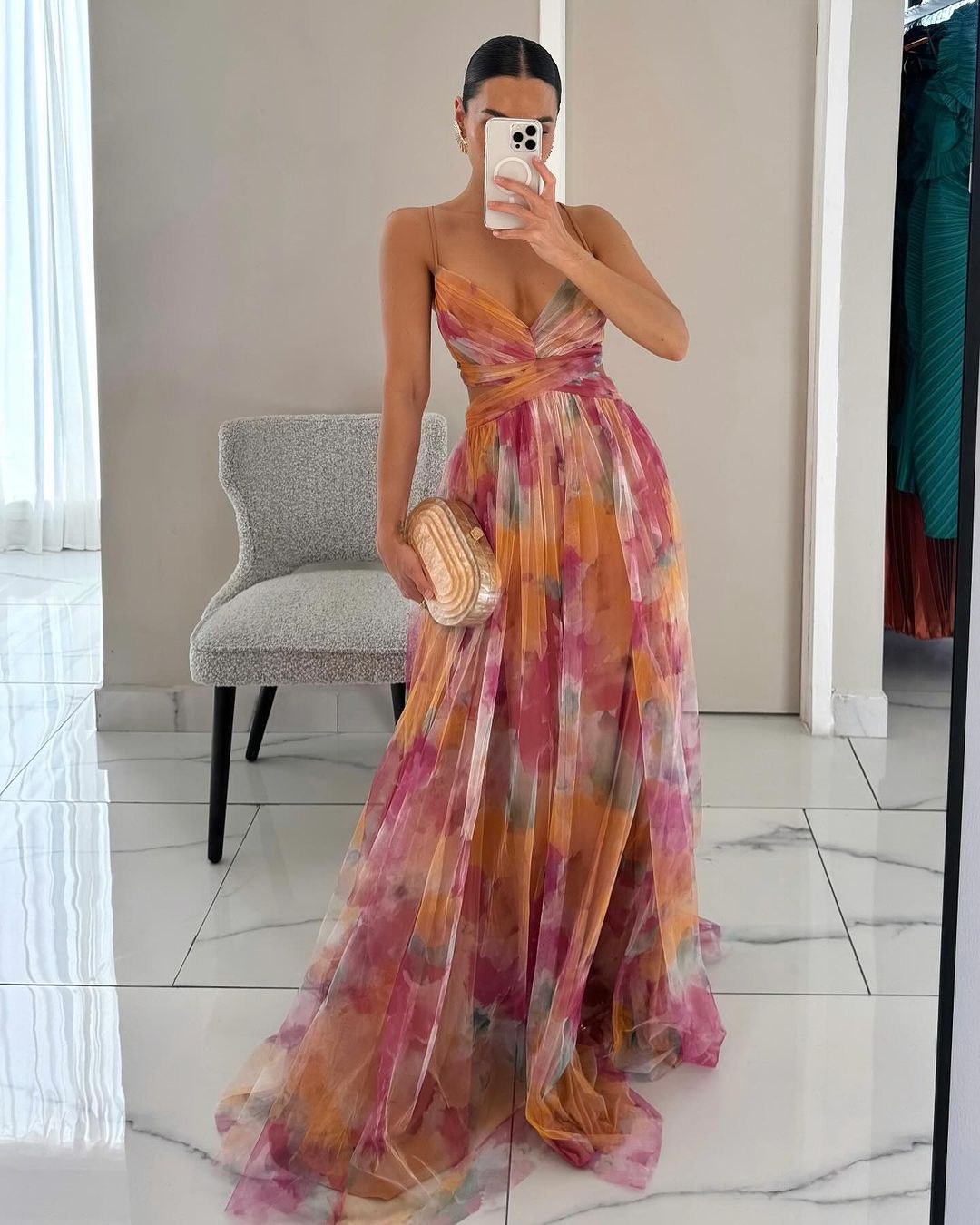 Women's Floral Maxi Dress Elegant V-Neck Layered Formal Evening Gown