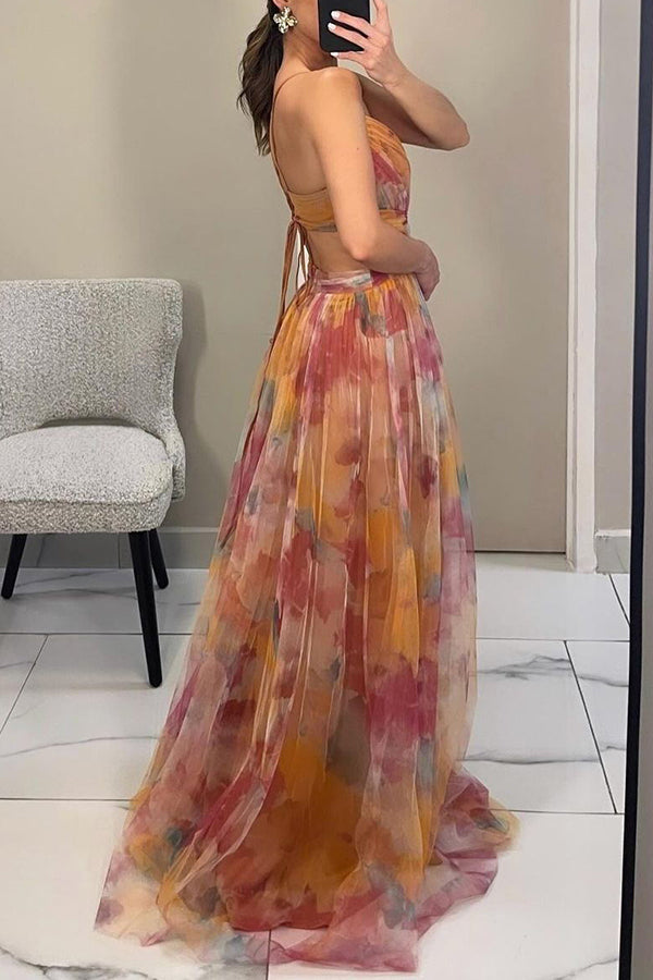 Women's Floral Maxi Dress Elegant V-Neck Layered Formal Evening Gown