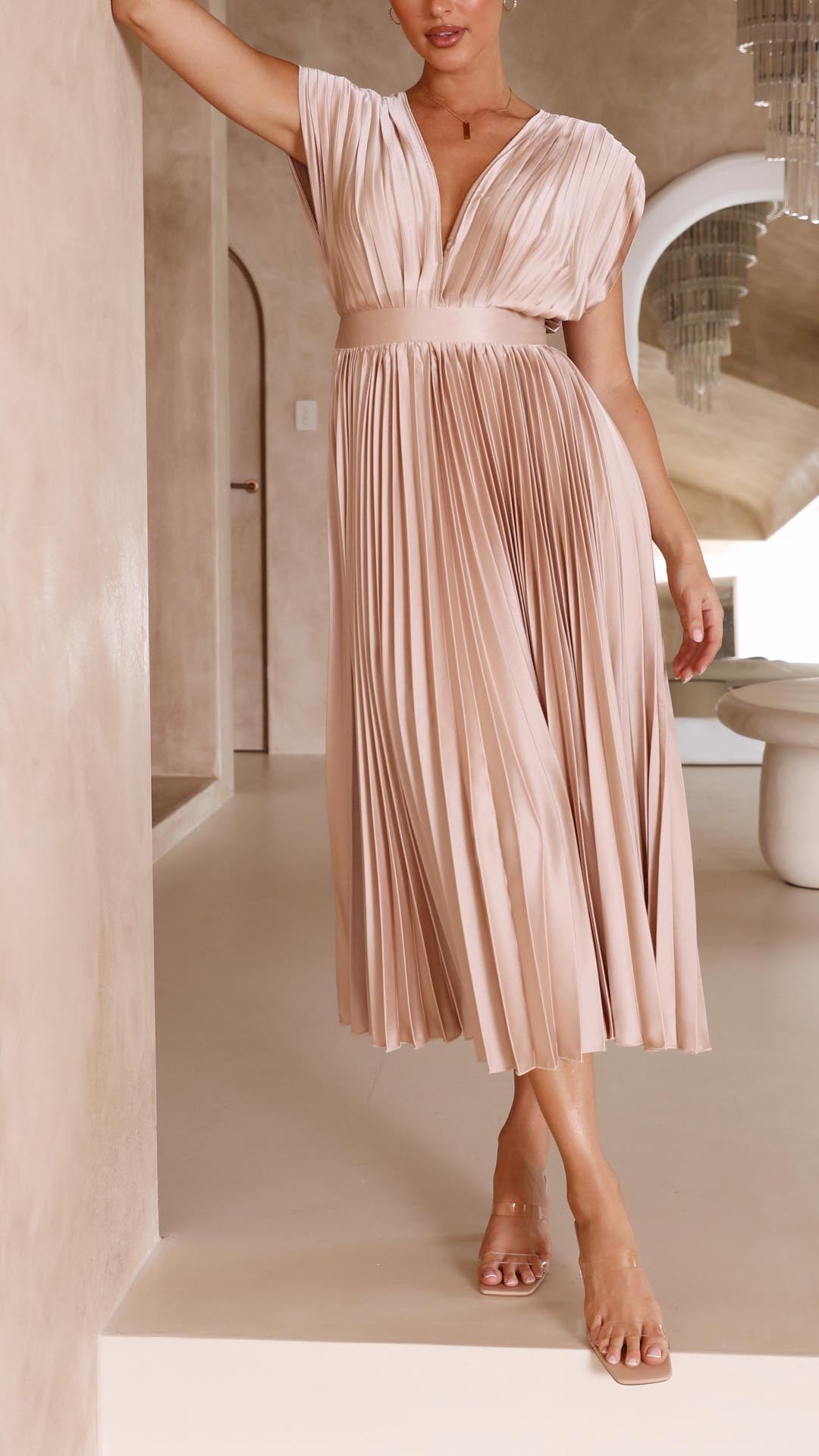 Women's Pleated Midi Dress Elegant V-Neck Cocktail Party A-Line Dress