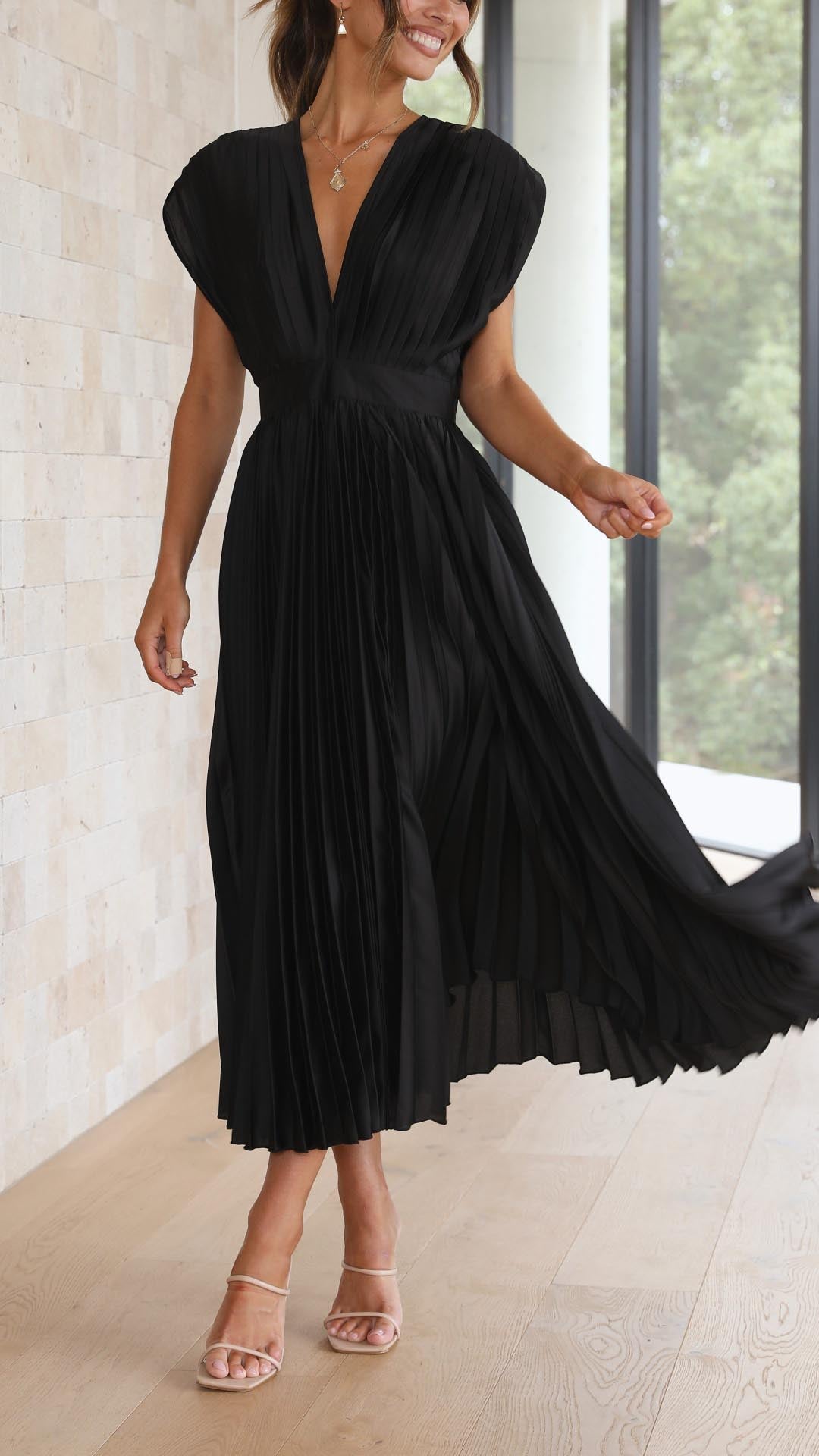 Women's Pleated Midi Dress Elegant V-Neck Cocktail Party A-Line Dress
