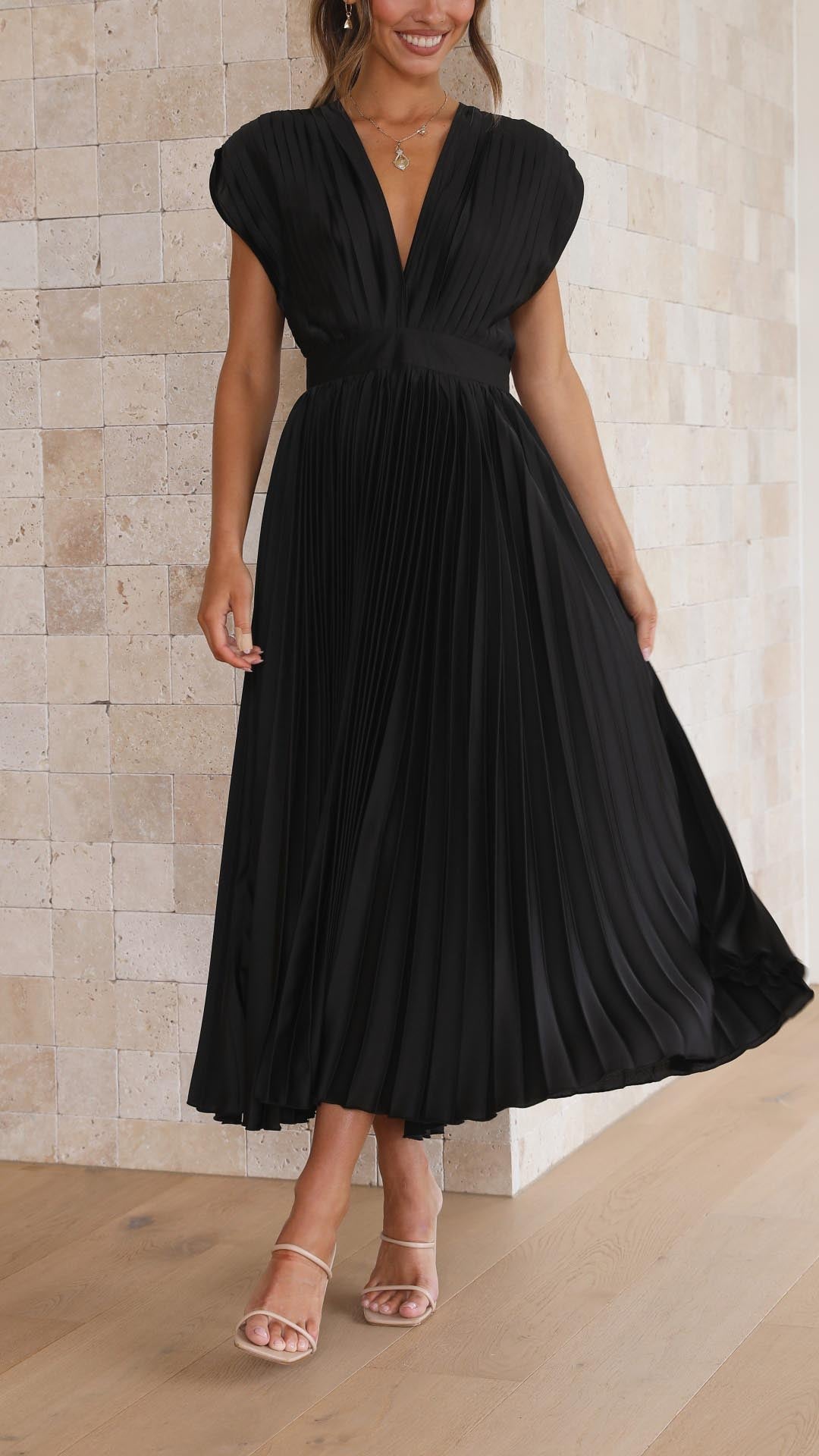 Women's Pleated Midi Dress Elegant V-Neck Cocktail Party A-Line Dress