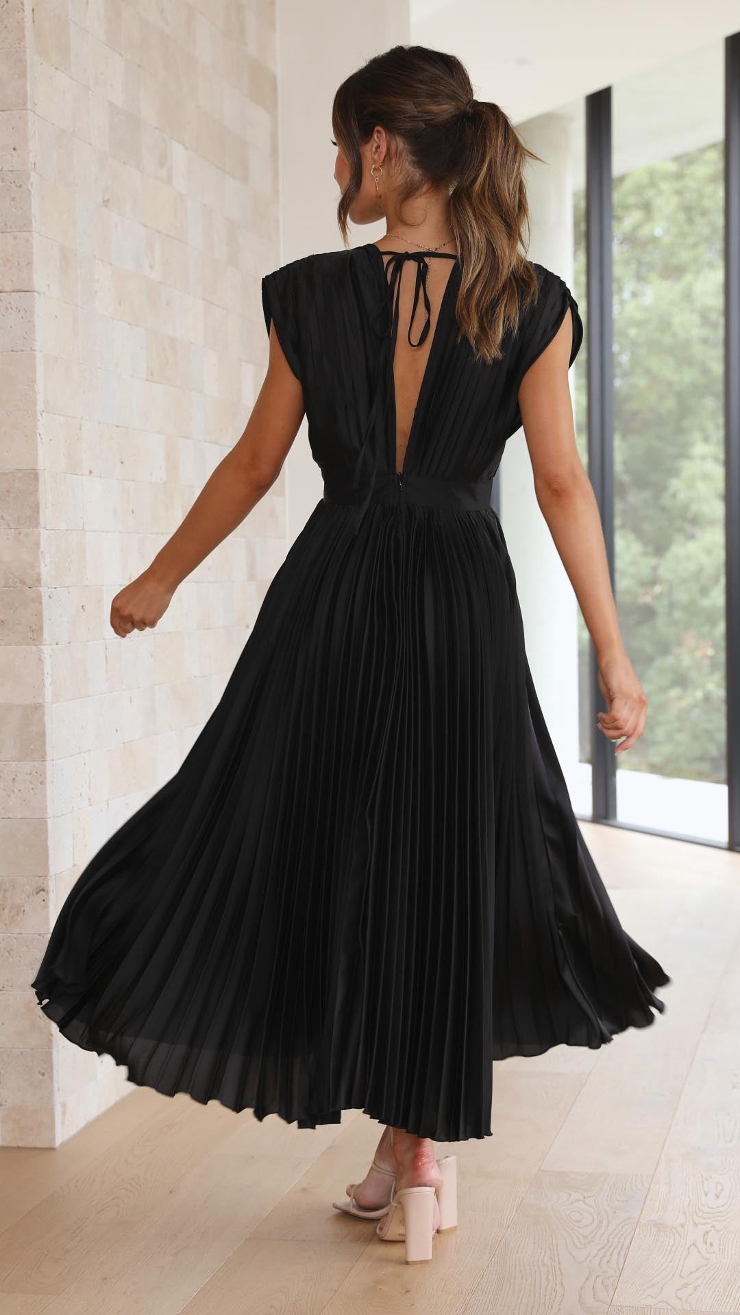 Women's Pleated Midi Dress Elegant V-Neck Cocktail Party A-Line Dress