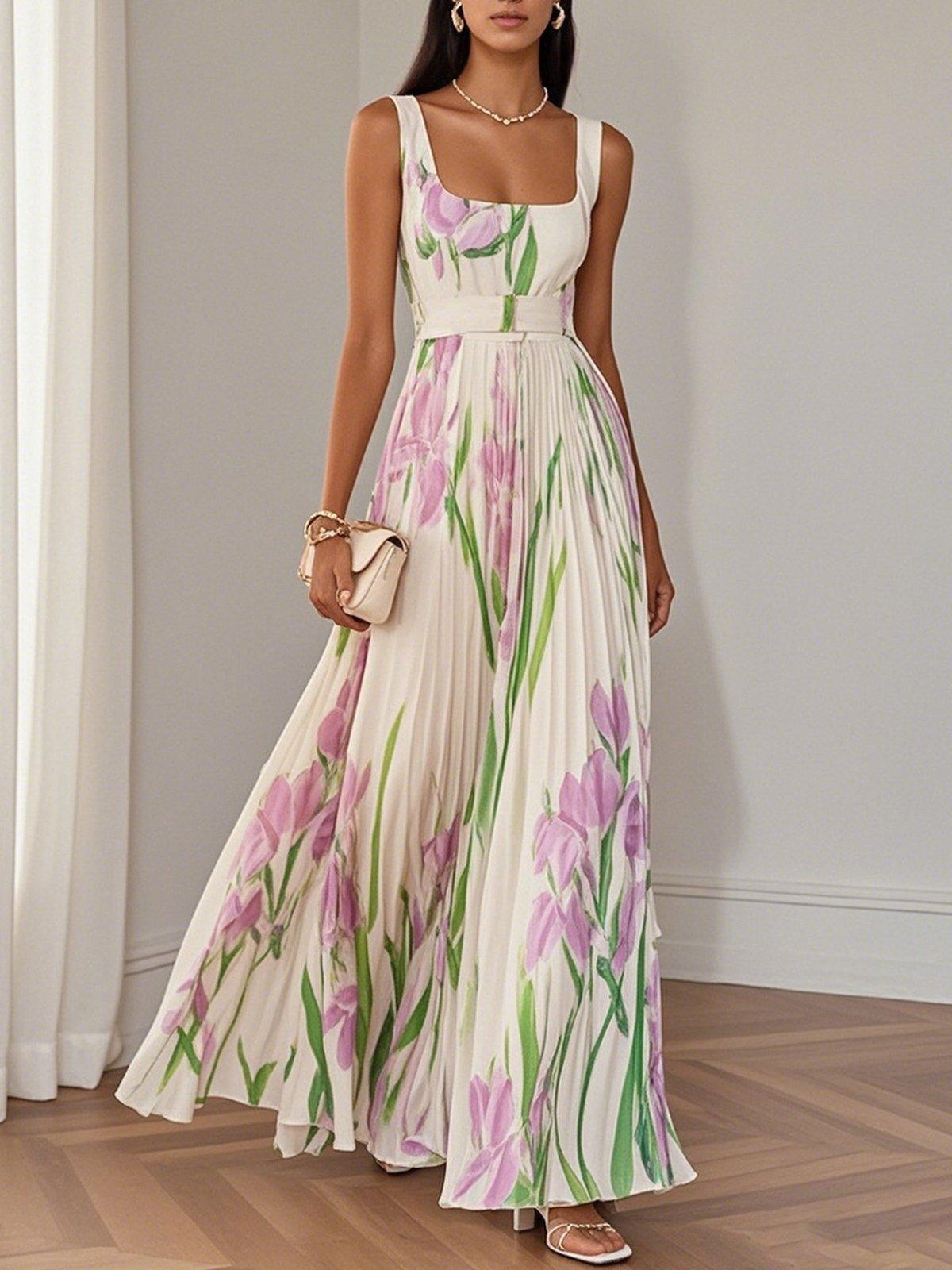 Women's Pleated Wedding Guest Maxi Dress Square Neck A-Line Evening Gown