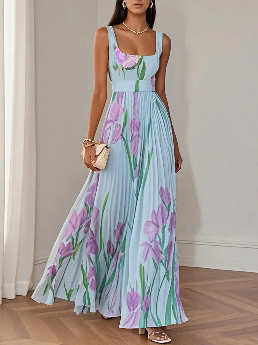 Women's Pleated Wedding Guest Maxi Dress Square Neck A-Line Evening Gown