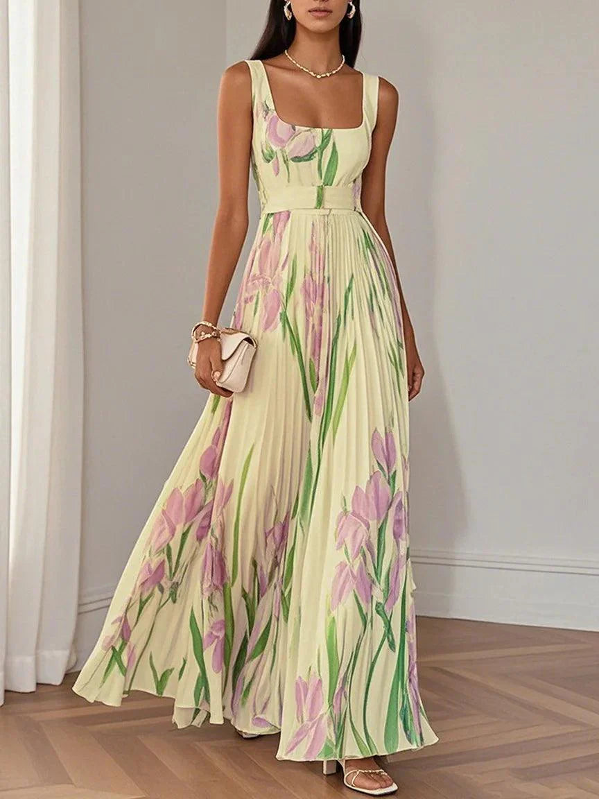 Women's Pleated Wedding Guest Maxi Dress Square Neck A-Line Evening Gown